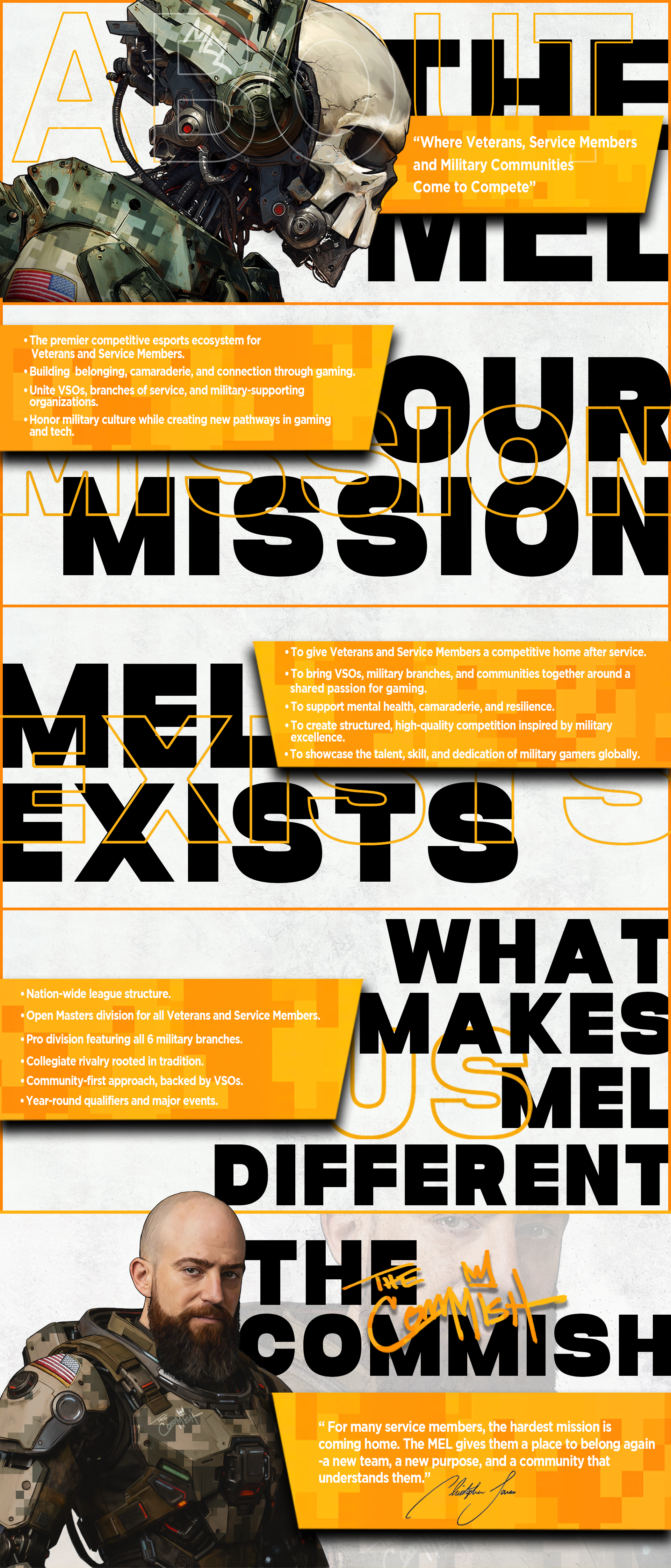 Mission, purpose, differentiators, and commissioner message for the Military Esports League