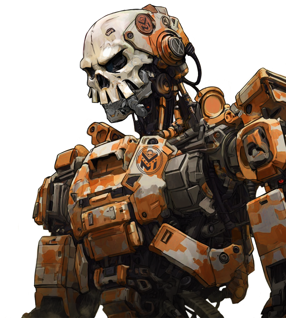 Armored MEL pilot with skull helmet facing forward